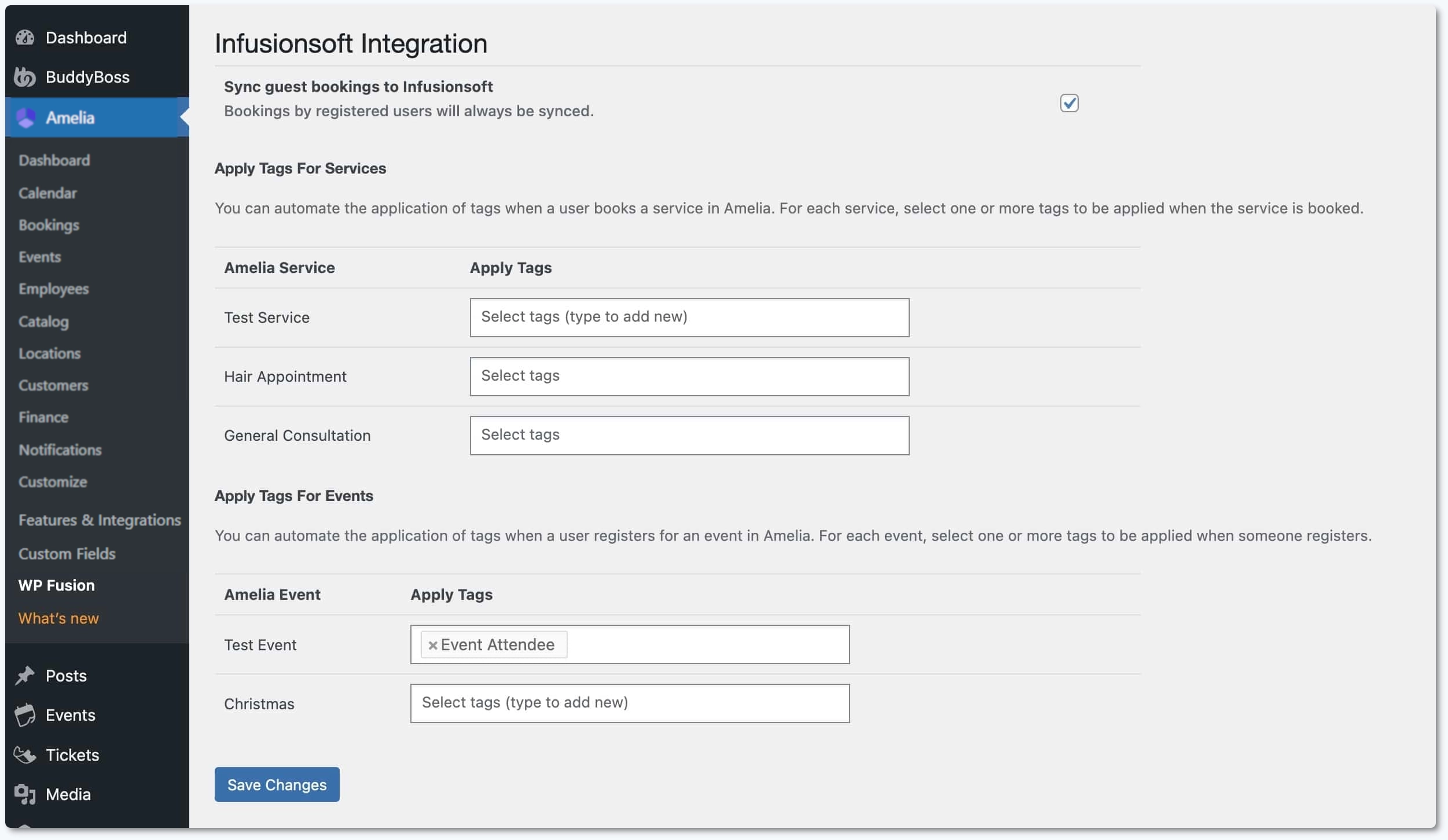 Tag creation options for Amelia services in WP Fusion