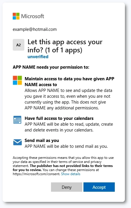 Microsoft permissions prompt for Outlook Mailer authentication