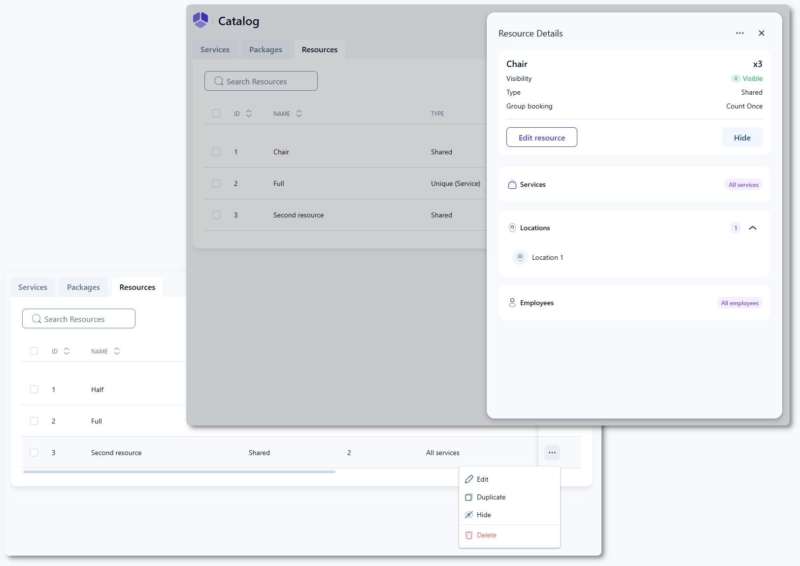 Editing, hiding, and deleting resources from the resource list in Amelia