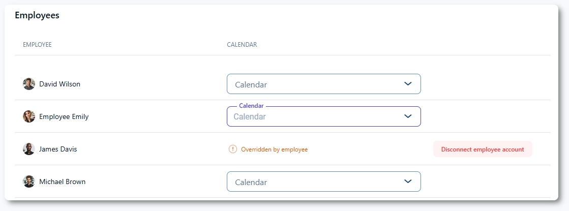The list of employees with the Outlook Calendar dropdown list in Features & integrations -> Outlook Calendar