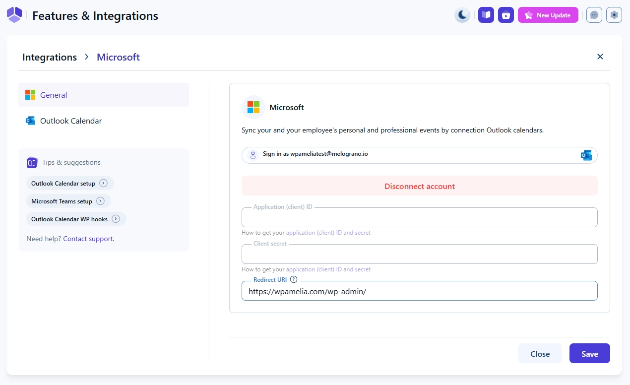 Connecting Outlook (standard) - Amelia WordPress Booking Plugin