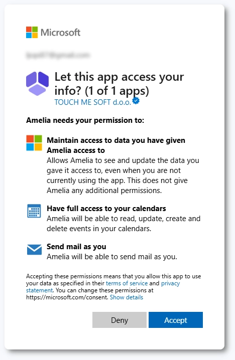 Microsoft permissions required for the Outlook connection to work properly in Amelia