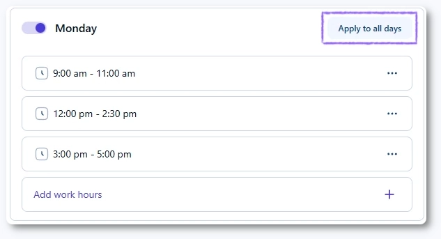 Apply to all days button in Company working hours settings in Amelia