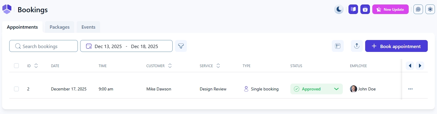 Amelia Appointments list showing a booked appointment