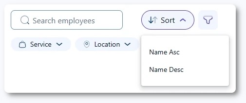 Employees list controls showing search field, sort dropdown, and filter button