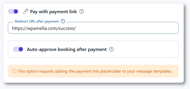 Pay with payment link option and redirect URL field in Amelia payment settings