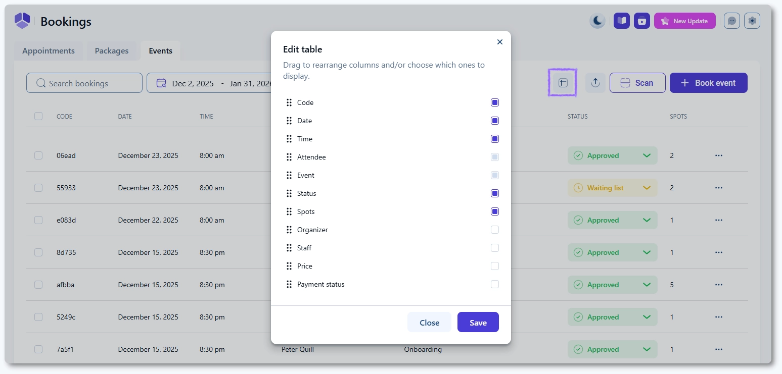 Event bookings table showing attendee, event, status, staff, and ticket columns