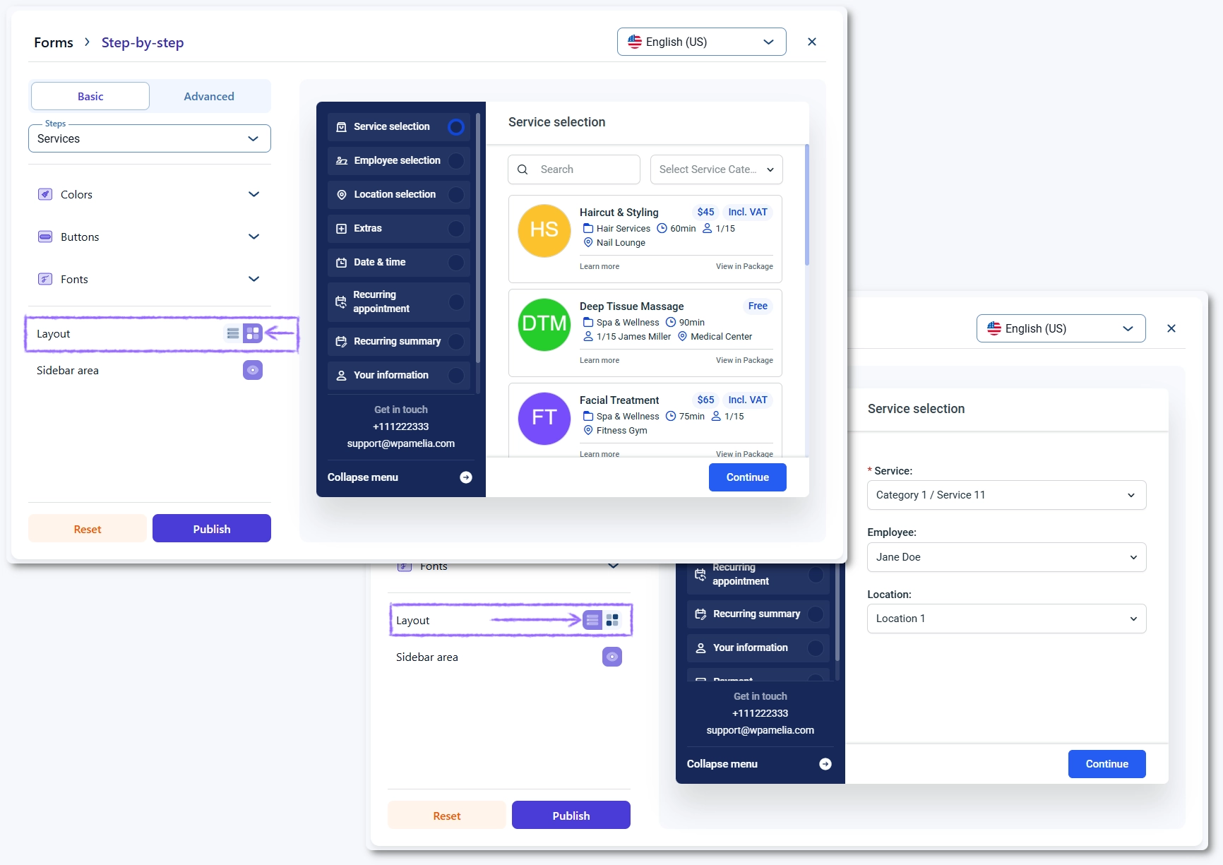 List and Steps layout options in the Customize panel