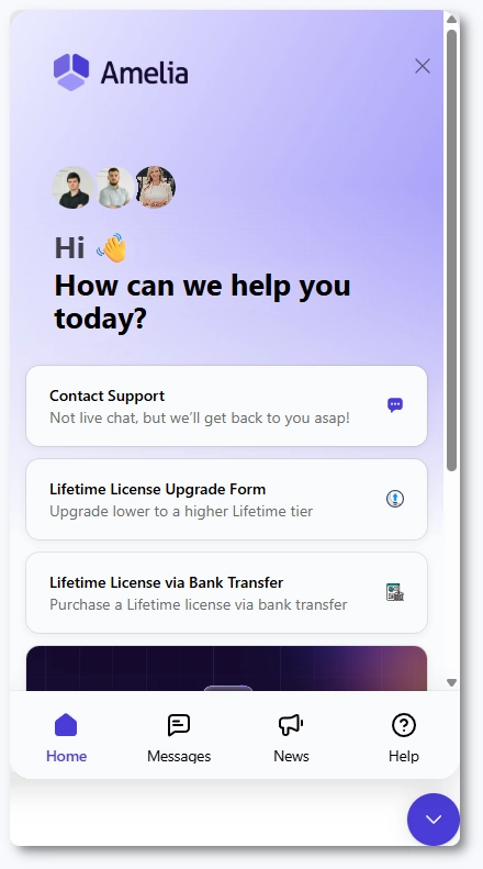 Widget For Support Getting help and support - Amelia WordPress Booking Plugin