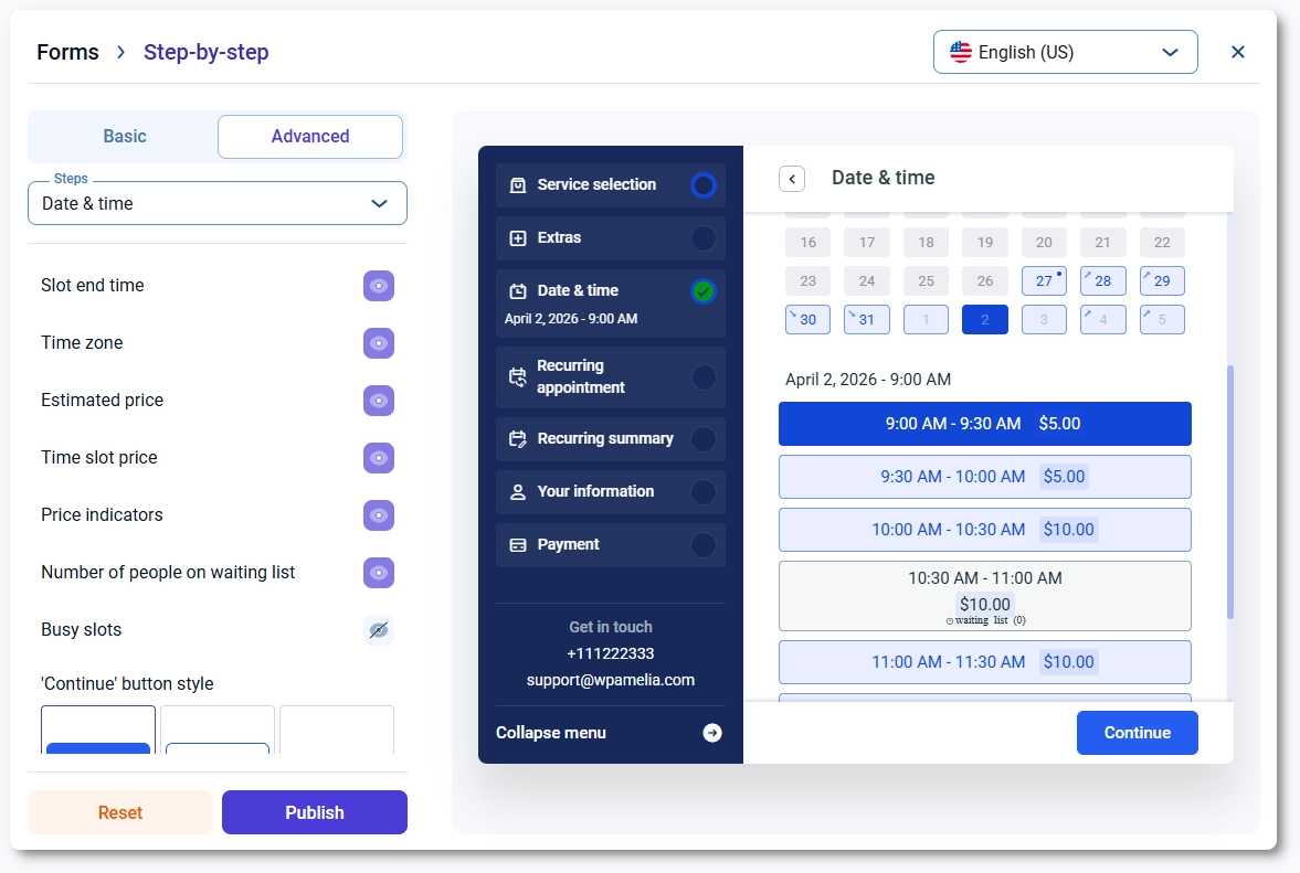 The Customize section with available options for custom prices per date and time