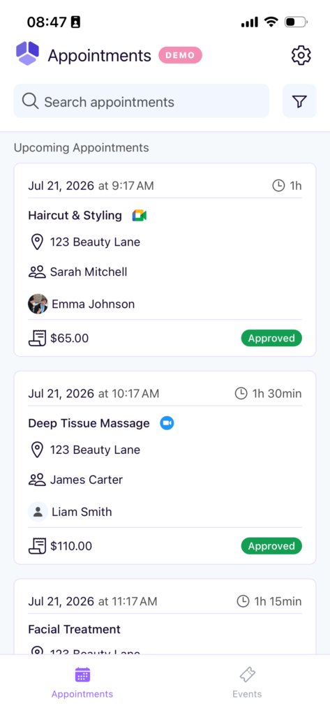 amelia mobile app appointments screen