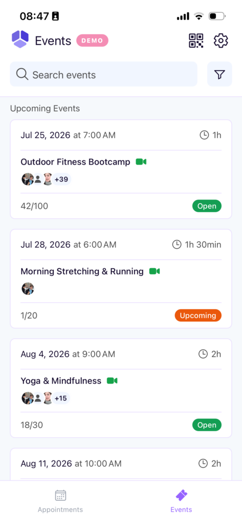 amelia mobile app events screen