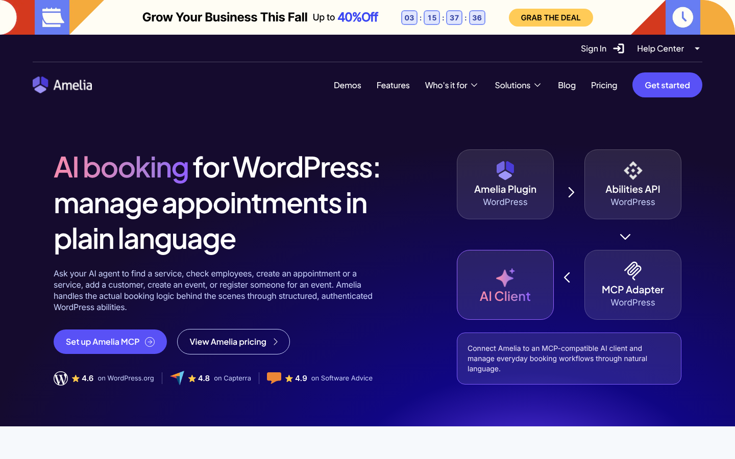 Amelia AI booking for WordPress page: manage appointments in plain language, with a diagram linking Amelia plugin, Abilities API, MCP Adapter and an AI client.