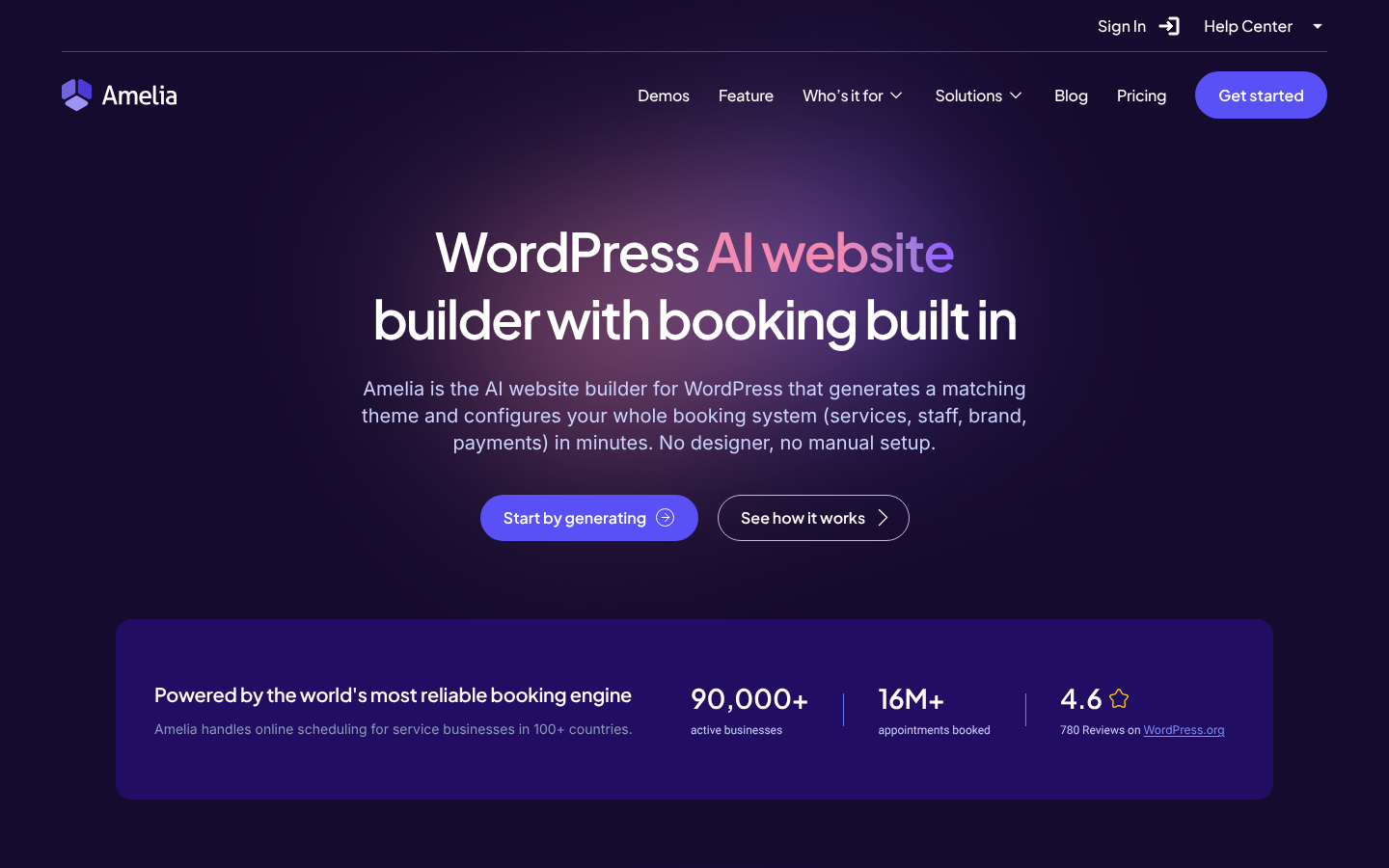 Amelia AI website builder page headed WordPress AI website builder with booking built in, with Start by generating and See how it works buttons and a 90,000+ active businesses stat.