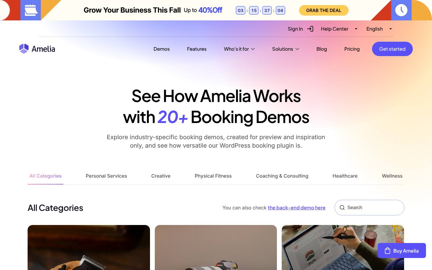Amelia demos page See How Amelia Works with 20+ Booking Demos, with category tabs for personal services, physical fitness, coaching, healthcare and wellness.