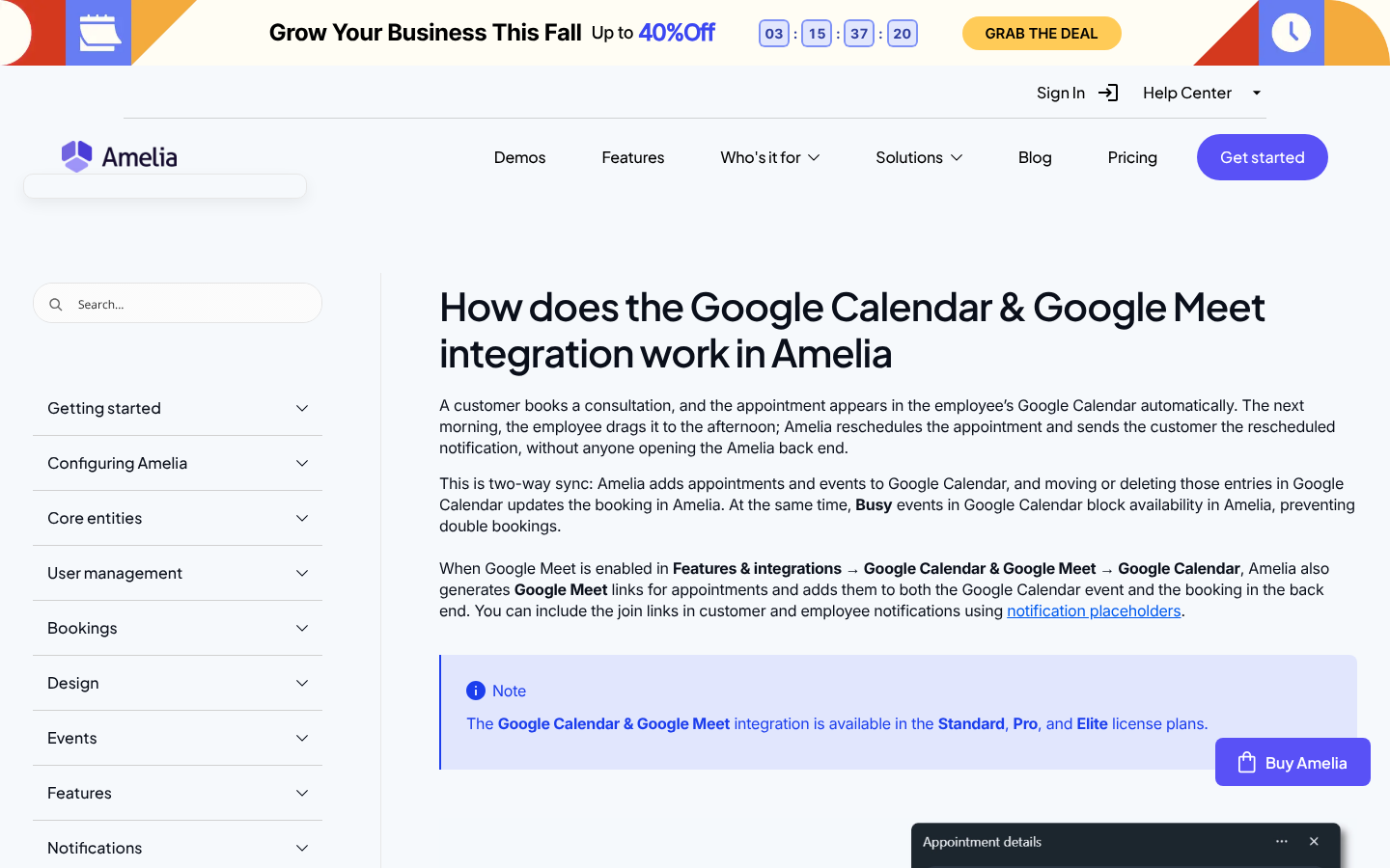 Amelia documentation page How does the Google Calendar and Google Meet integration work, describing two-way sync and busy events blocking availability, available on Standard, Pro and Elite.