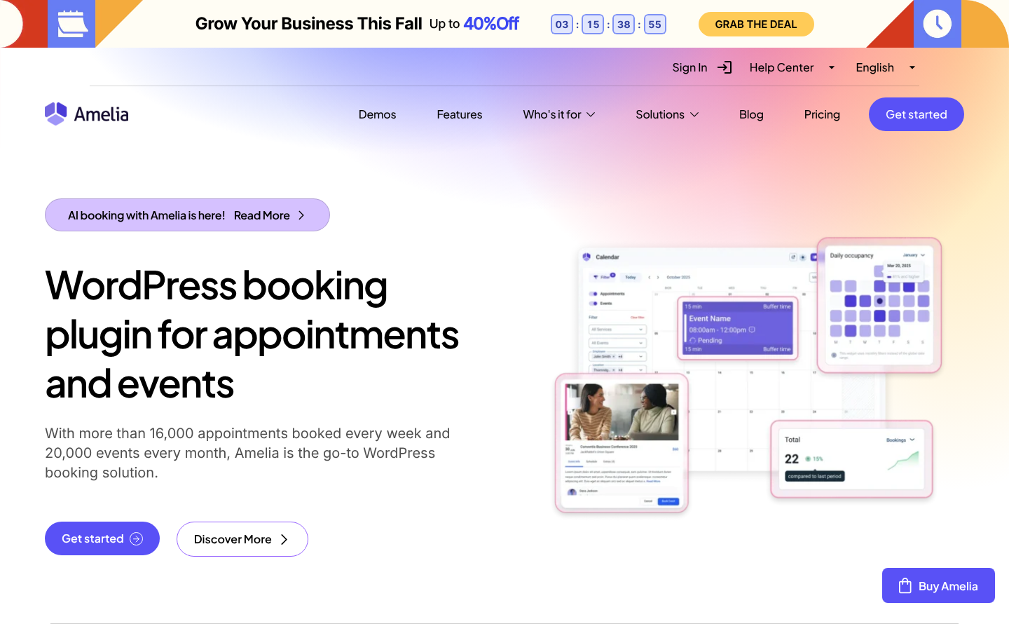 Amelia homepage hero reading WordPress booking plugin for appointments and events, with Get started and Discover more buttons and booking calendar mockups.