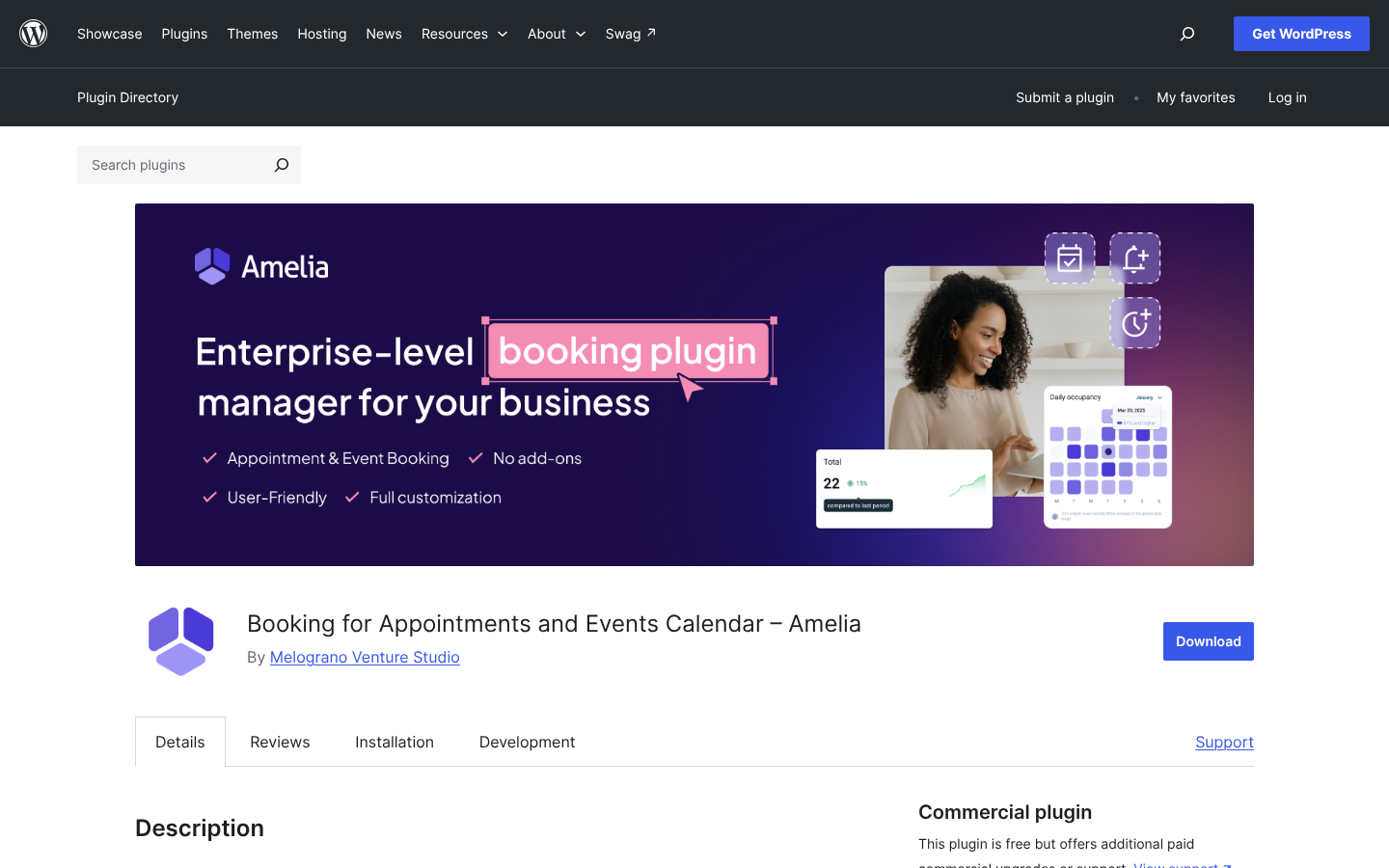 Amelia listing on WordPress.org: Booking for Appointments and Events Calendar – Amelia, with a banner reading Enterprise-level booking plugin manager for your business and a Download button.