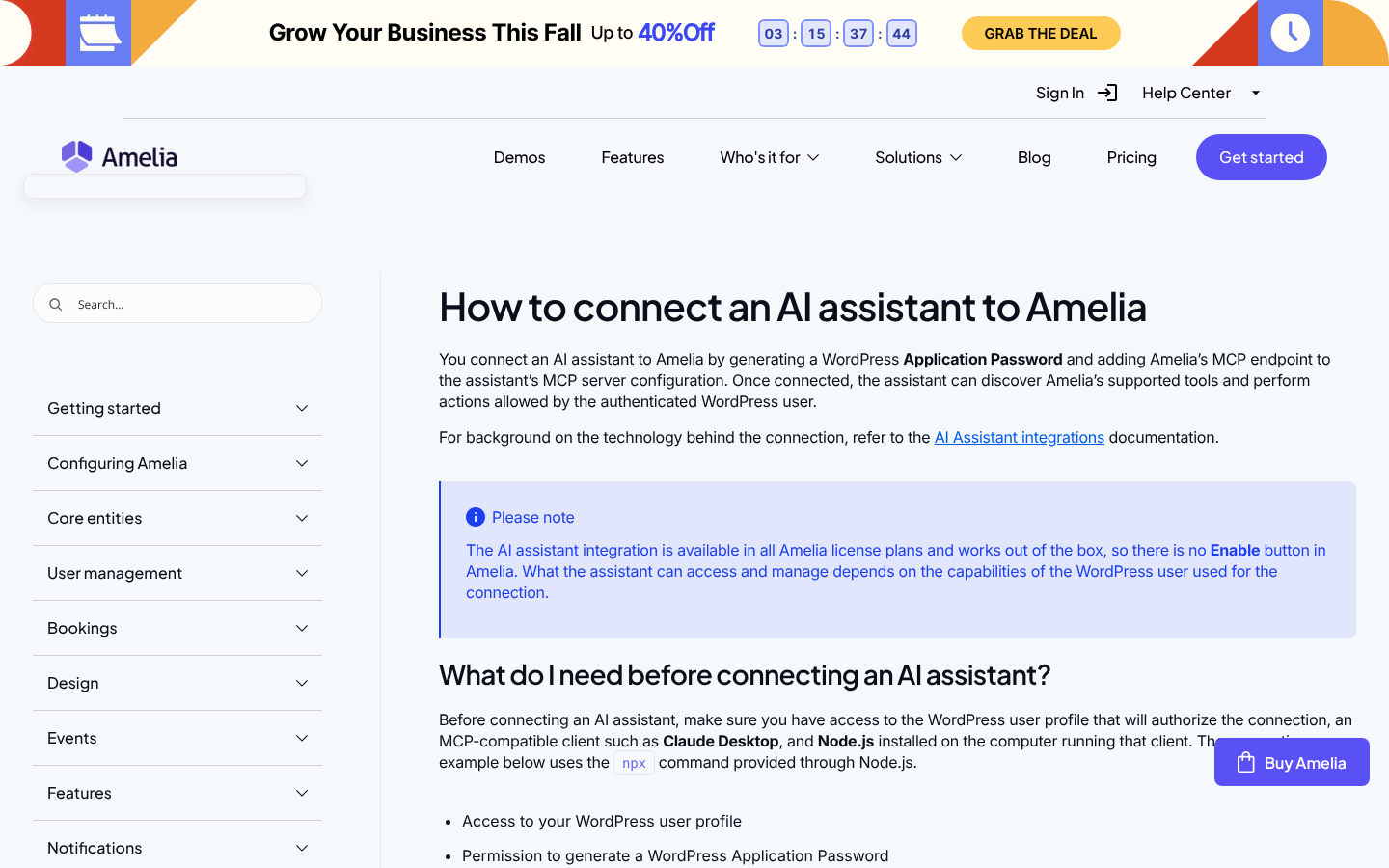 Amelia documentation page How to connect an AI assistant to Amelia, noting the integration is available in all license plans and works out of the box with an Application Password.
