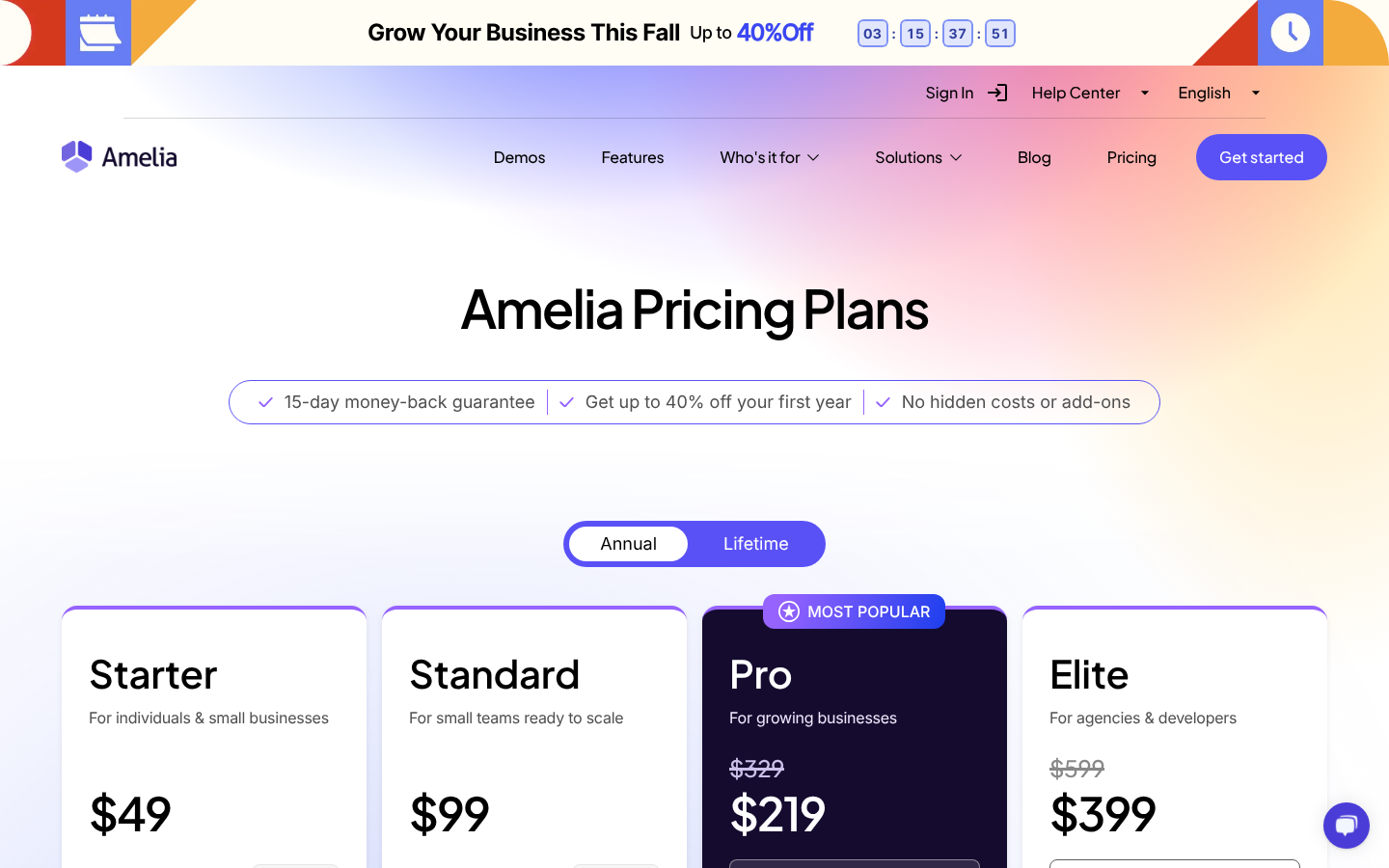 Amelia pricing page with annual plans: Starter $49, Standard $99, Pro $219 (was $329), Elite $399 (was $599), and a 15-day money-back guarantee badge.
