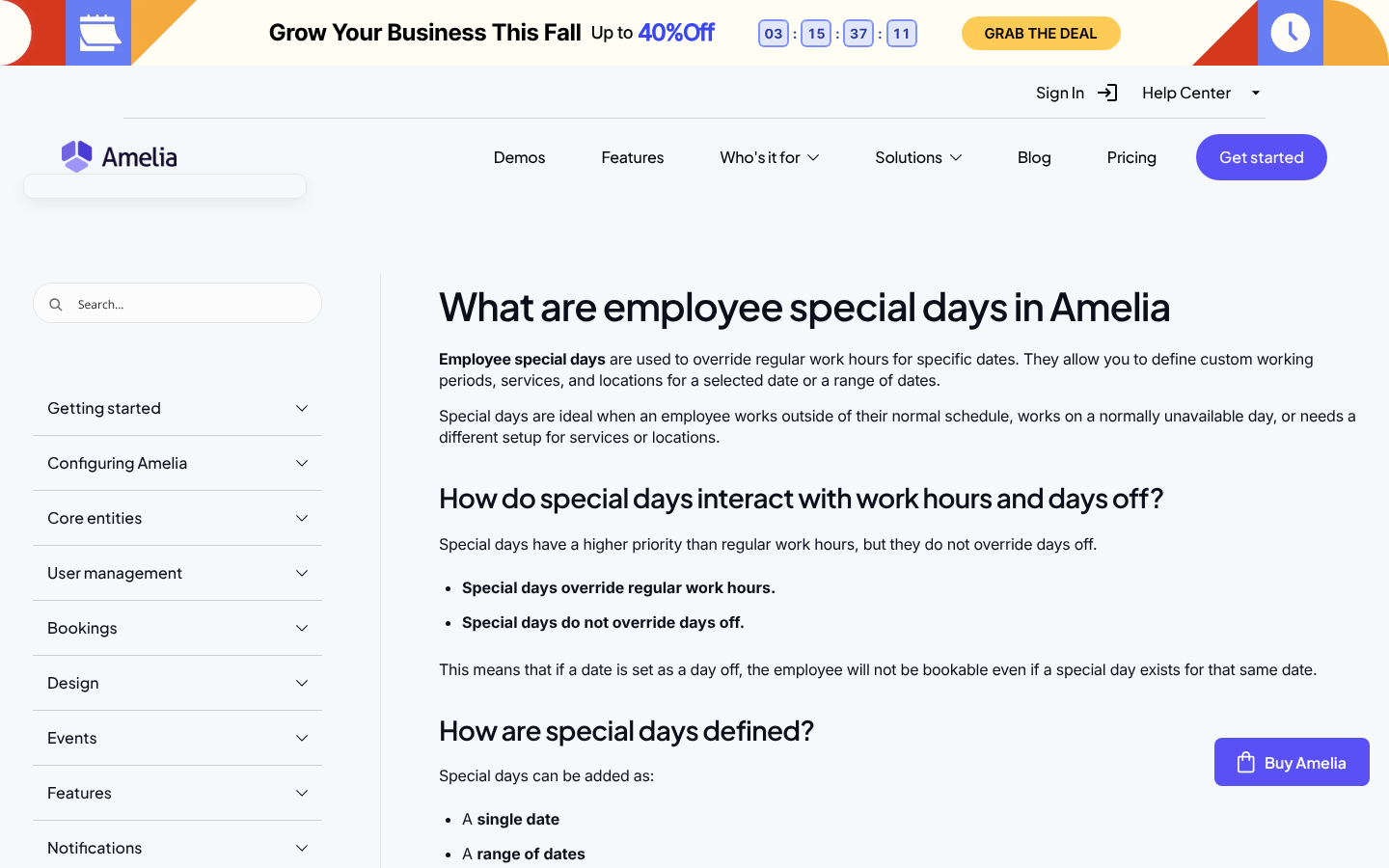 Amelia documentation page What are employee special days in Amelia, explaining that special days override regular work hours and how they interact with days off.