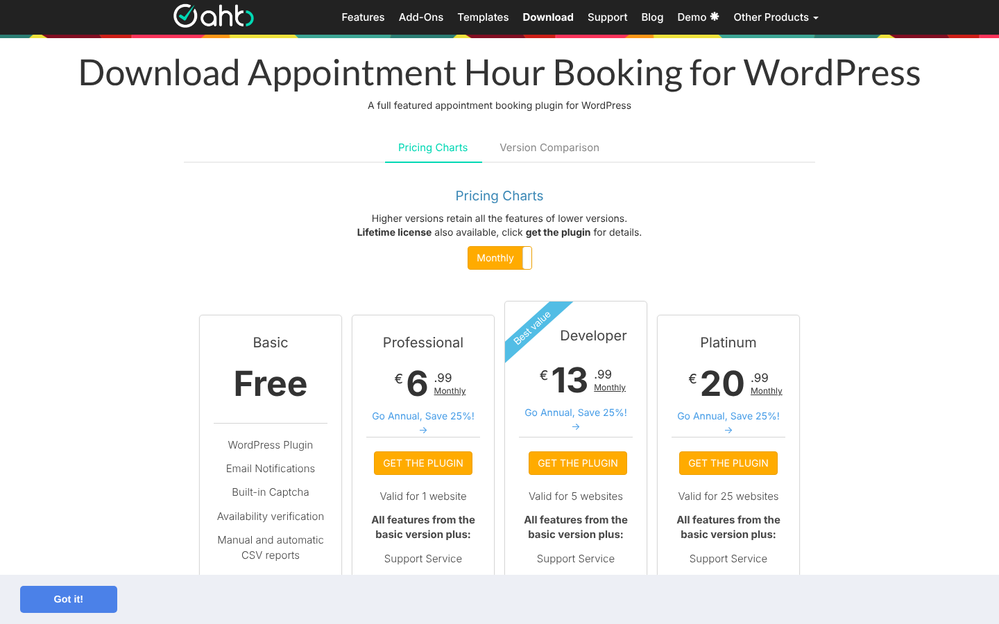 Appointment Hour Booking download page with plans Free, Professional €6.99 per month, Developer €13.99 per month and Platinum €20.99 per month.