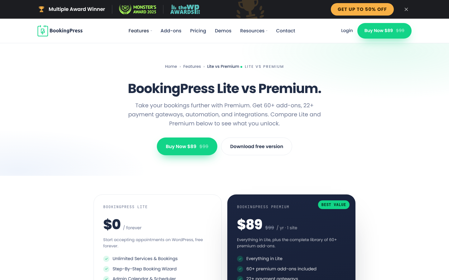 BookingPress Lite vs Premium page: Lite $0 forever with unlimited services and bookings, Premium $89 per year for one site (regular $99) with 60+ add-ons and 22+ payment gateways.