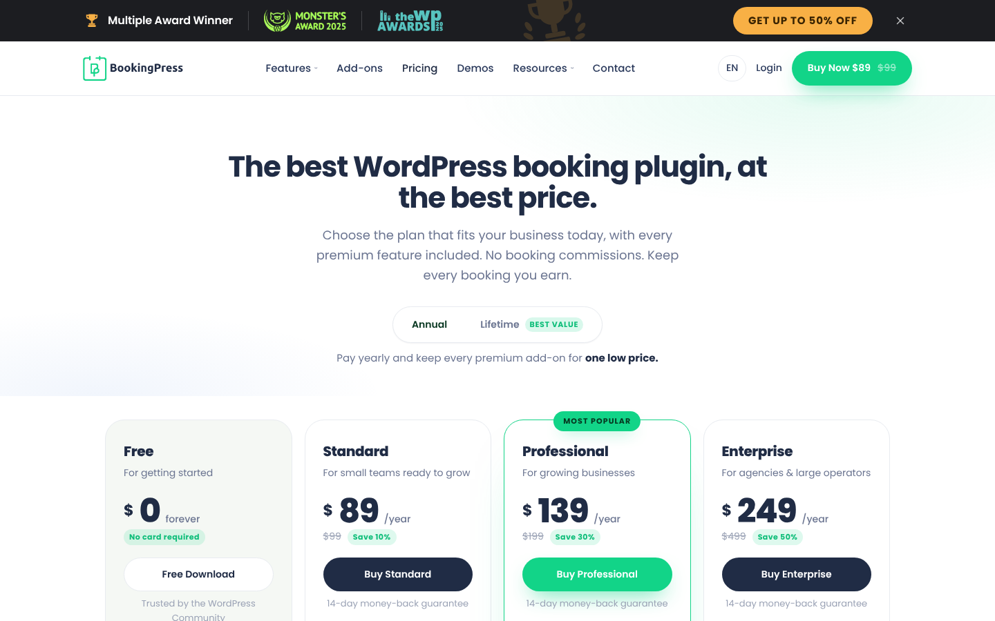 BookingPress pricing page headed The best WordPress booking plugin, at the best price, with Free $0, Standard $89, Professional $139 and Enterprise $249 per year.