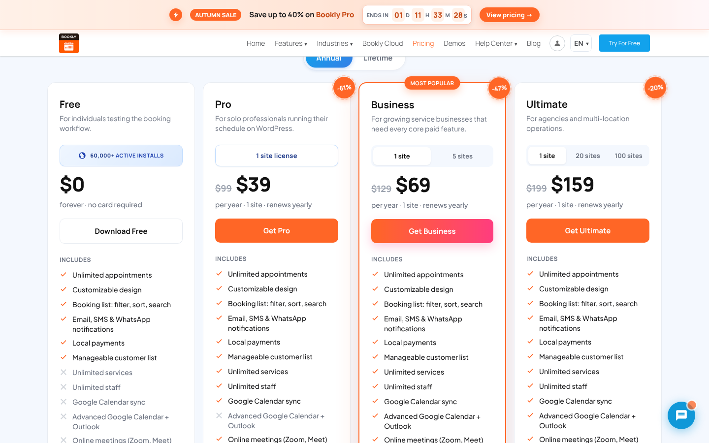 Bookly pricing page with Free $0, Pro $39 (was $99), Business $69 (was $129) and Ultimate $159 (was $199) per year, plus feature checklists per plan.