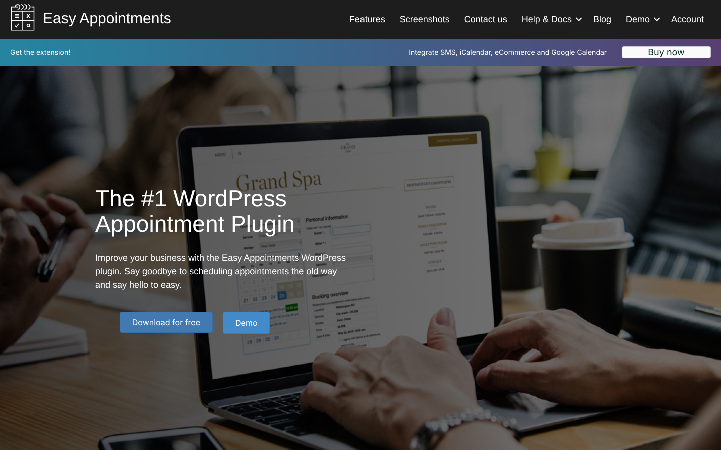 Easy Appointments homepage headed The #1 WordPress Appointment Plugin, with Download for free and Demo buttons over a photo of a laptop calendar.