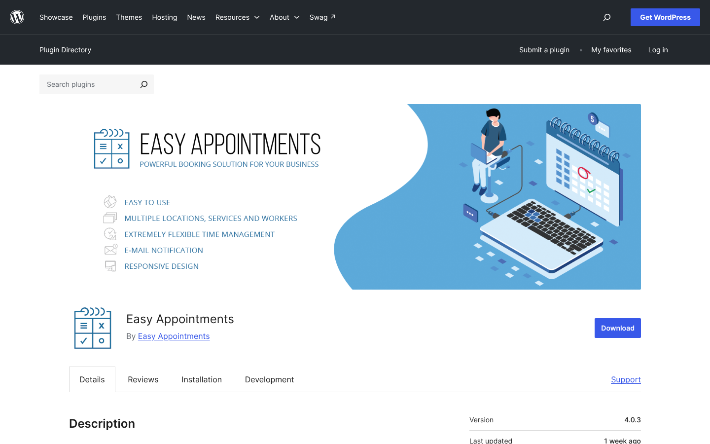 Easy Appointments listing on WordPress.org with a banner listing multiple locations, services and workers, flexible time management and email notification, and a Download button.