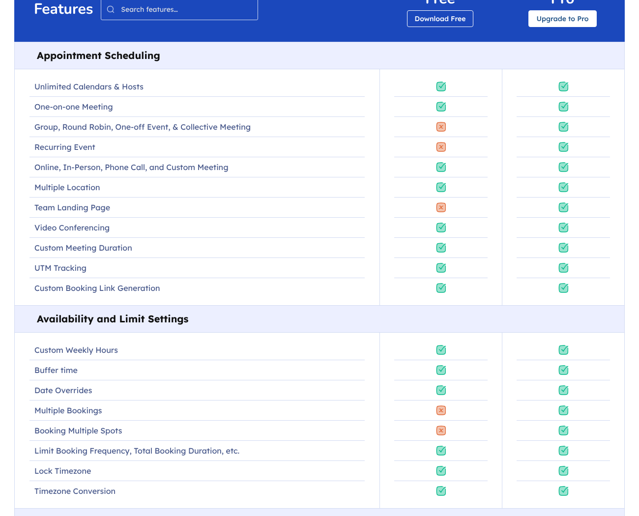 FluentBooking free vs Pro feature table showing free ticks for unlimited calendars, one-on-one meetings, buffer time, date overrides and timezone conversion, and Pro-only group meetings and calendar sync.