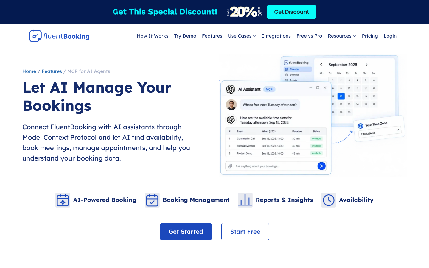FluentBooking MCP for AI agents page headed Let AI Manage Your Bookings, with a chat mockup asking about free slots next Tuesday and Get Started and Start Free buttons.