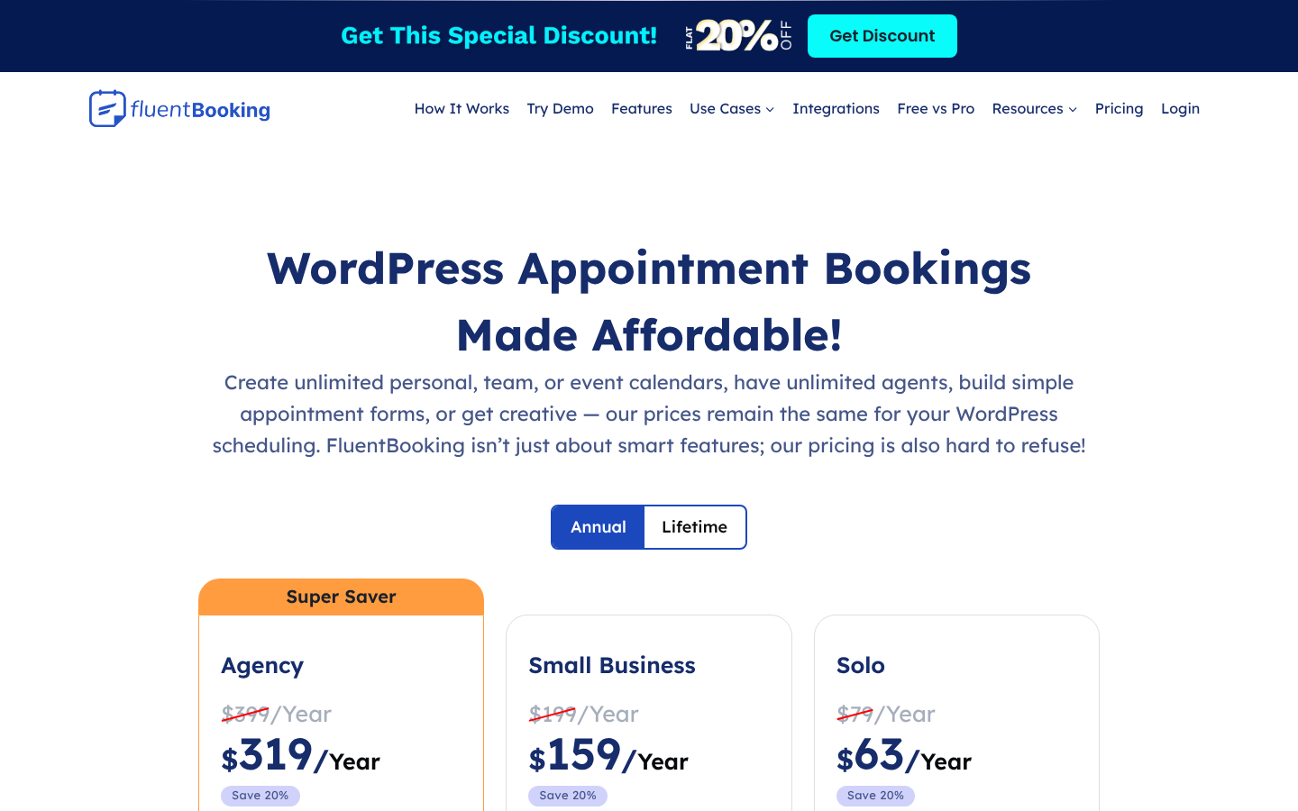 FluentBooking MCP for AI agents page headed Let AI Manage Your Bookings, with a chat mockup asking about free slots next Tuesday and Get Started and Start Free buttons.