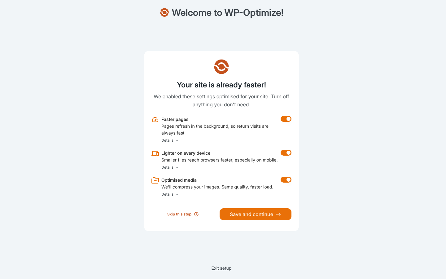 WP-Optimize 4.7.0 turns its main speed features on during onboarding.