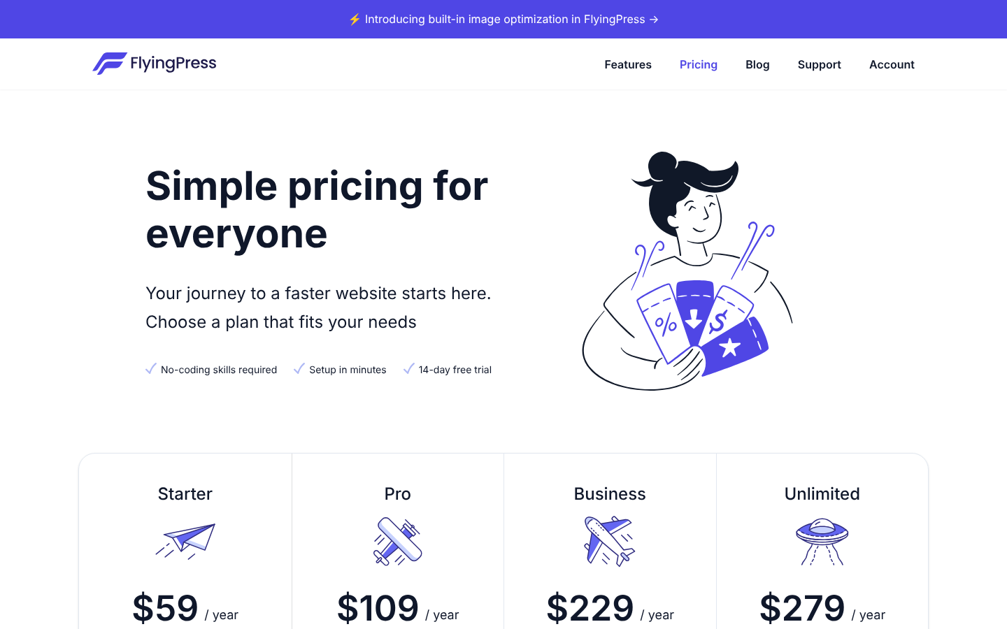 FlyingPress pricing on 5 October 2026: Starter $59, Pro $109, Business $229 and Unlimited $279 per year.