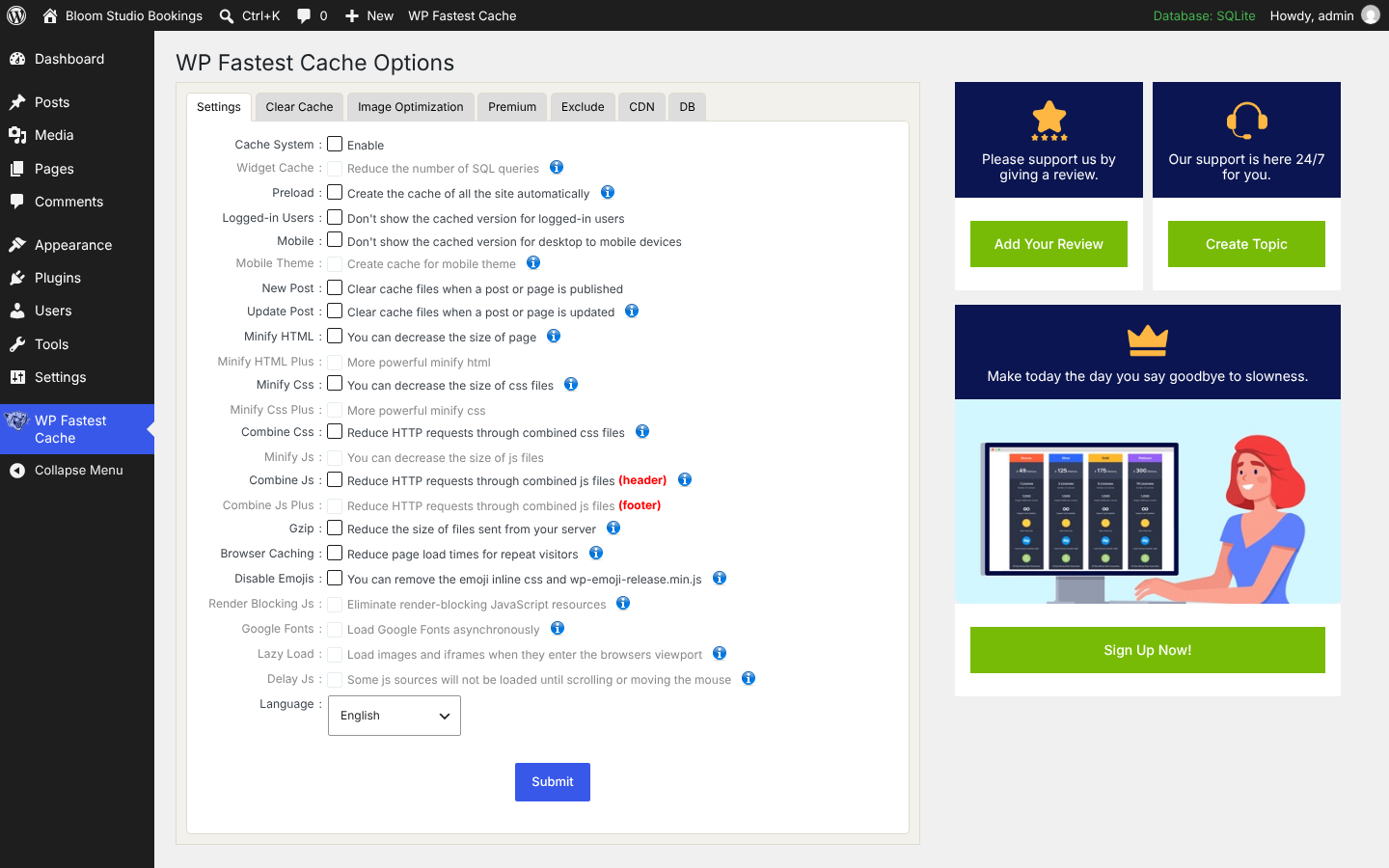 WP Fastest Cache 1.5.2: all main options on one tab. Greyed-out rows are Premium.
