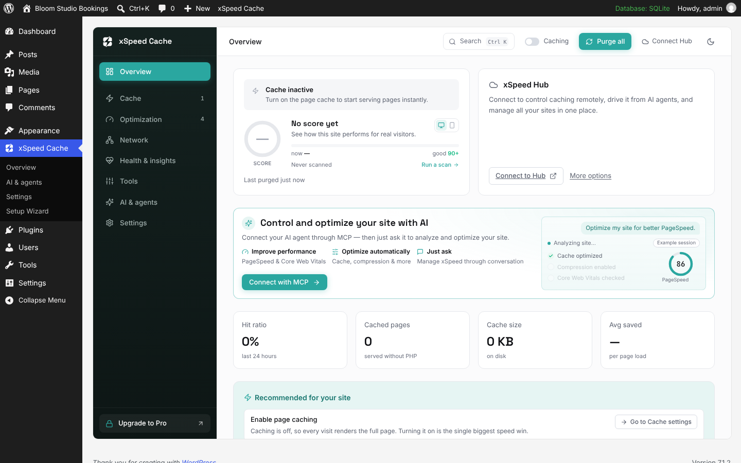 xSpeed Cache 1.3.7 overview on our test site: cache status, hit ratio, recommendations and the “Control and optimize your site with AI” panel.