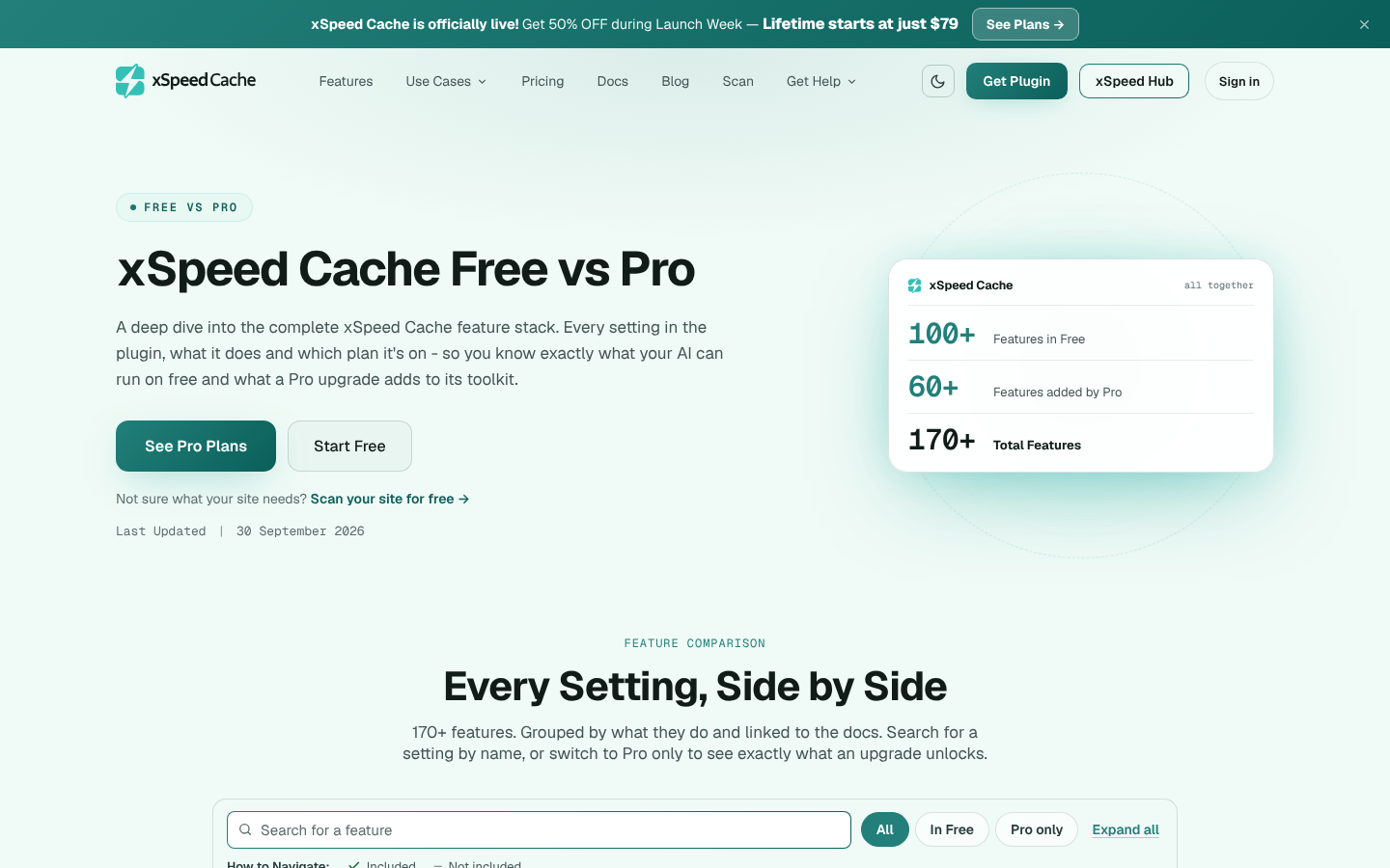 xSpeed’s Free vs Pro page lists every setting and which plan it is on.