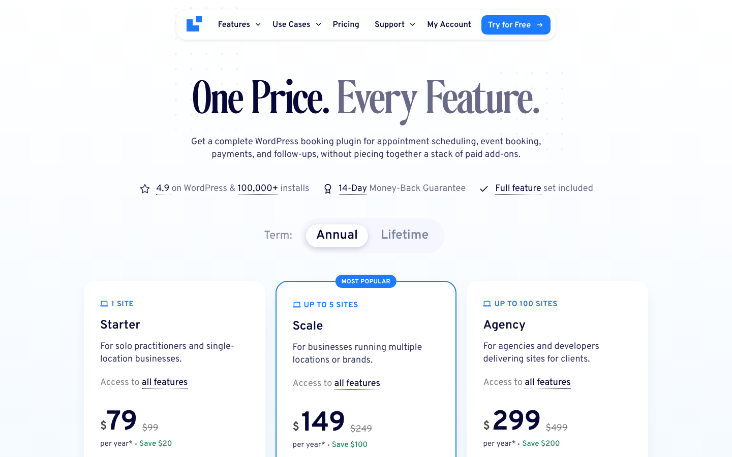 LatePoint pricing page headed One Price. Every Feature, showing Starter $79 (was $99) for 1 site, Scale $149 for 5 sites and Agency $299 for 100 sites per year.
