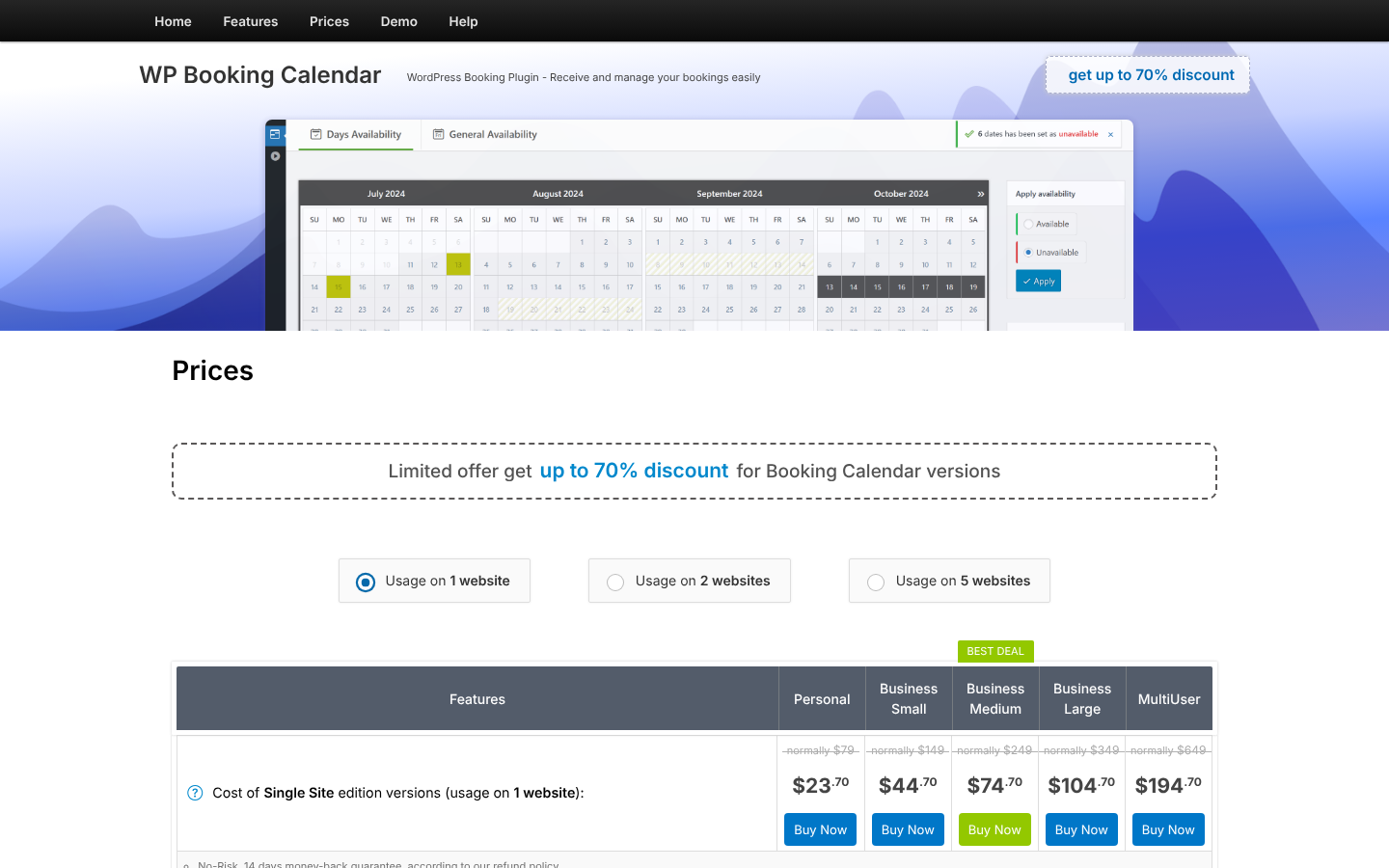 WP Booking Calendar prices section offering up to 70% discount, with editions from Personal $23.70 to MultiUser $194.70 for a single site.