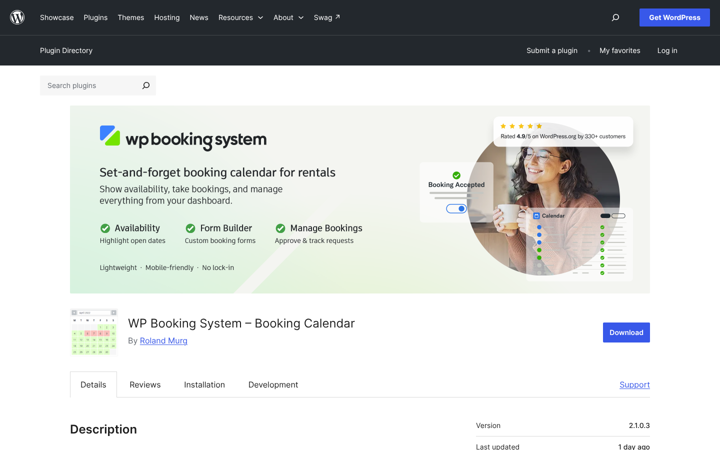 WP Booking System listing on WordPress.org with a banner reading Set-and-forget booking calendar for rentals, showing availability, form builder and manage bookings features.